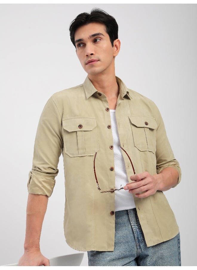 Beyoung Beige Panel Suede Shirt  - Image 4
