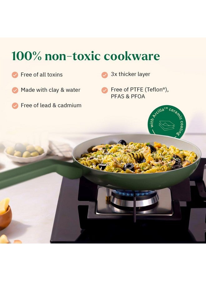 Ember Cookware مقلاة إمبر كوكوير أركيلا سيراميك غير لاصقة 24 سم | مقبض متطابق | 1x ملعقة مسطحة | آمنة للاستخدام مع الحث | مقلاة غير سامة | خالية من PFAS و PTFE | سلسلة فلورنسا | أخضر - Image 5
