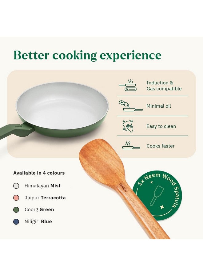 Ember Cookware مقلاة إمبر كوكوير أركيلا سيراميك غير لاصقة 24 سم | مقبض متطابق | 1x ملعقة مسطحة | آمنة للاستخدام مع الحث | مقلاة غير سامة | خالية من PFAS و PTFE | سلسلة فلورنسا | أخضر - Image 3