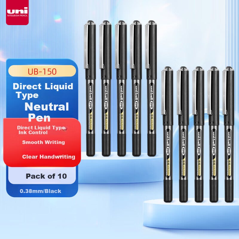 Uni Mitsubishi Uni-Ball EYE Black Gel Pen, Stylish 0.38mm Black Signature Pen, Business Direct Liquid Student Pen, Water-Based Pen Set UB-150, 10 Pcs - Image 1
