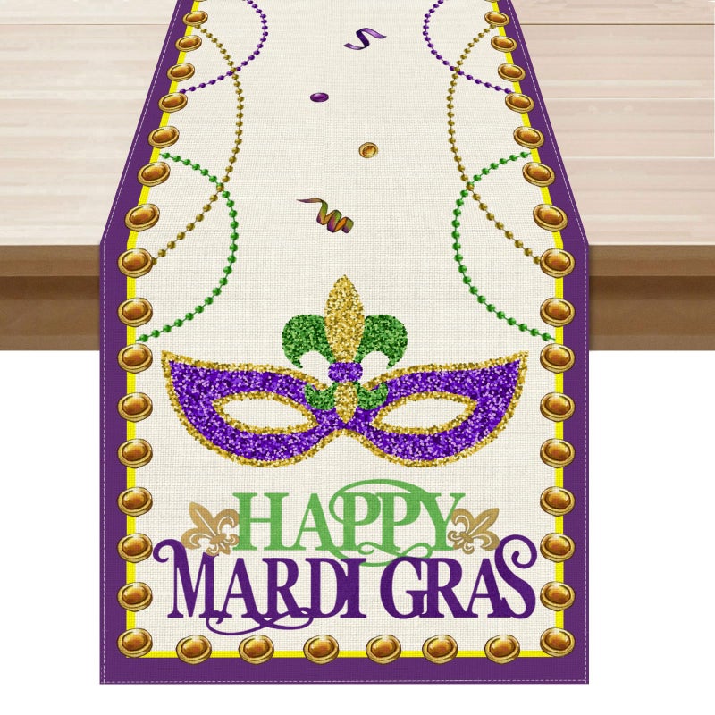XCHI Happy Mardi Gras Fleur de Lis Iris Masquerade Mask Beads Table Decoration for Party Home Kitchen Dining Holiday 13 x 72 Inches - Image 1