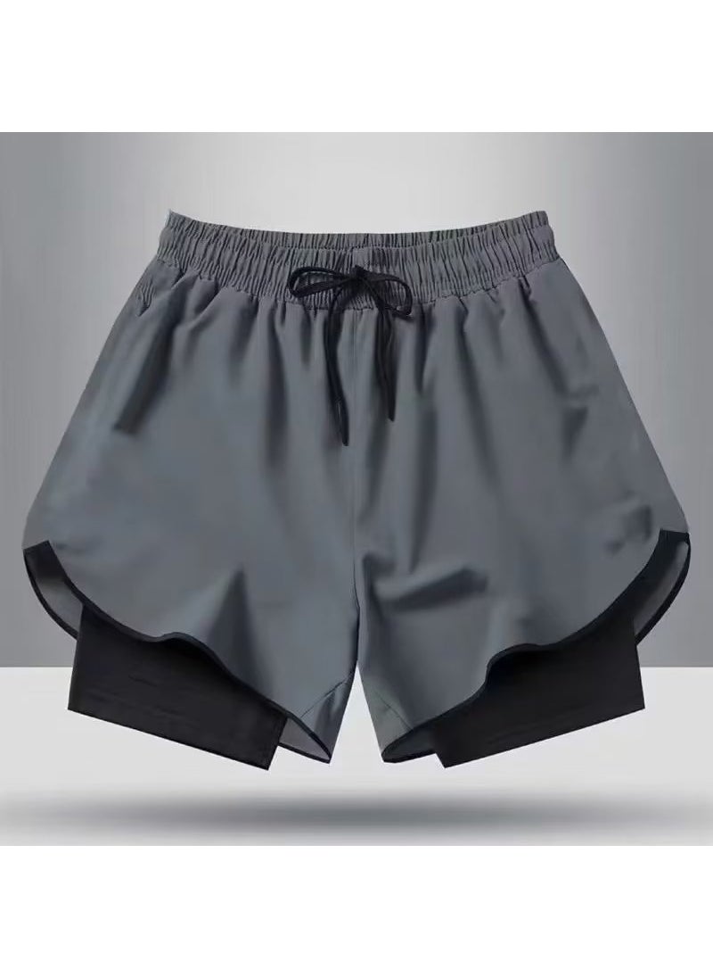 Summer Gym Fitness Double-Layer Shorts Men Black  - Image 2
