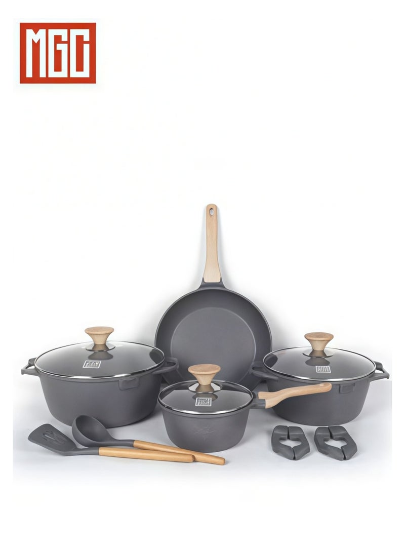 MGC 13-Piece Non-Stick Kitchen Cookware Set - 1 18cm saucepan, 2 24/28cm saucepans, 1 28cm round frying pan, 3 tempered glass lids, 2 P cutlery pieces (silicone spatula + silicone spoon), 4 heat-resistant earplugs - Image 1