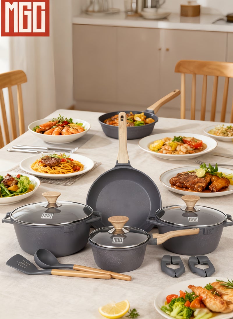 MGC 13-Piece Non-Stick Kitchen Cookware Set - 1 18cm saucepan, 2 24/28cm saucepans, 1 28cm round frying pan, 3 tempered glass lids, 2 P cutlery pieces (silicone spatula + silicone spoon), 4 heat-resistant earplugs - Image 2