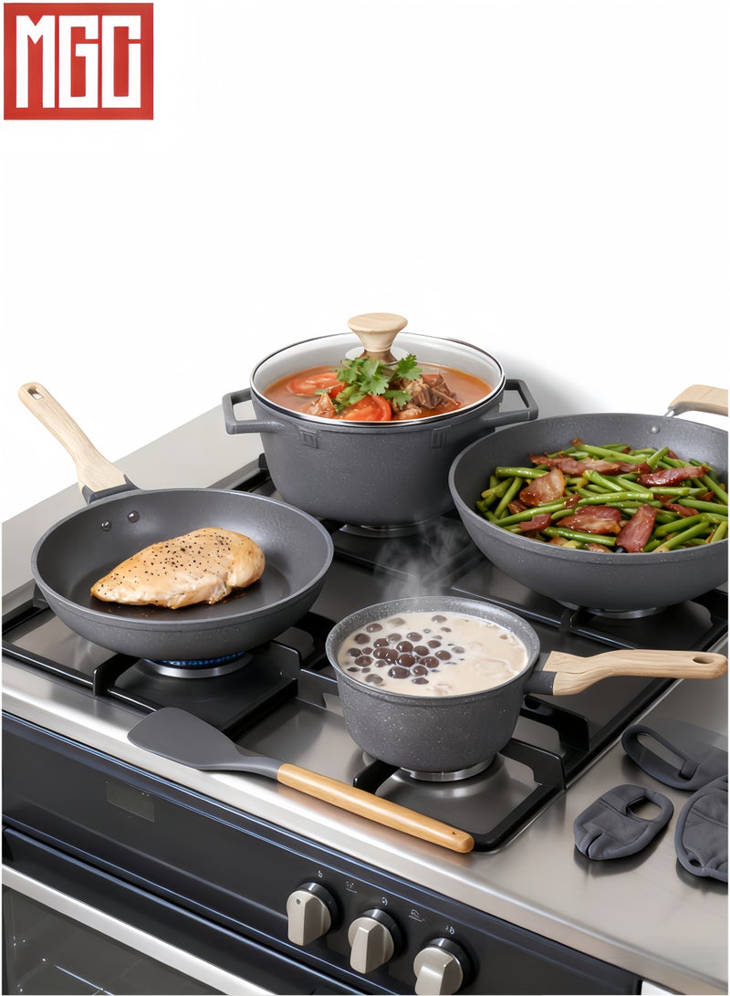 MGC 13-Piece Non-Stick Kitchen Cookware Set - 1 18cm saucepan, 2 24/28cm saucepans, 1 28cm round frying pan, 3 tempered glass lids, 2 P cutlery pieces (silicone spatula + silicone spoon), 4 heat-resistant earplugs - Image 3
