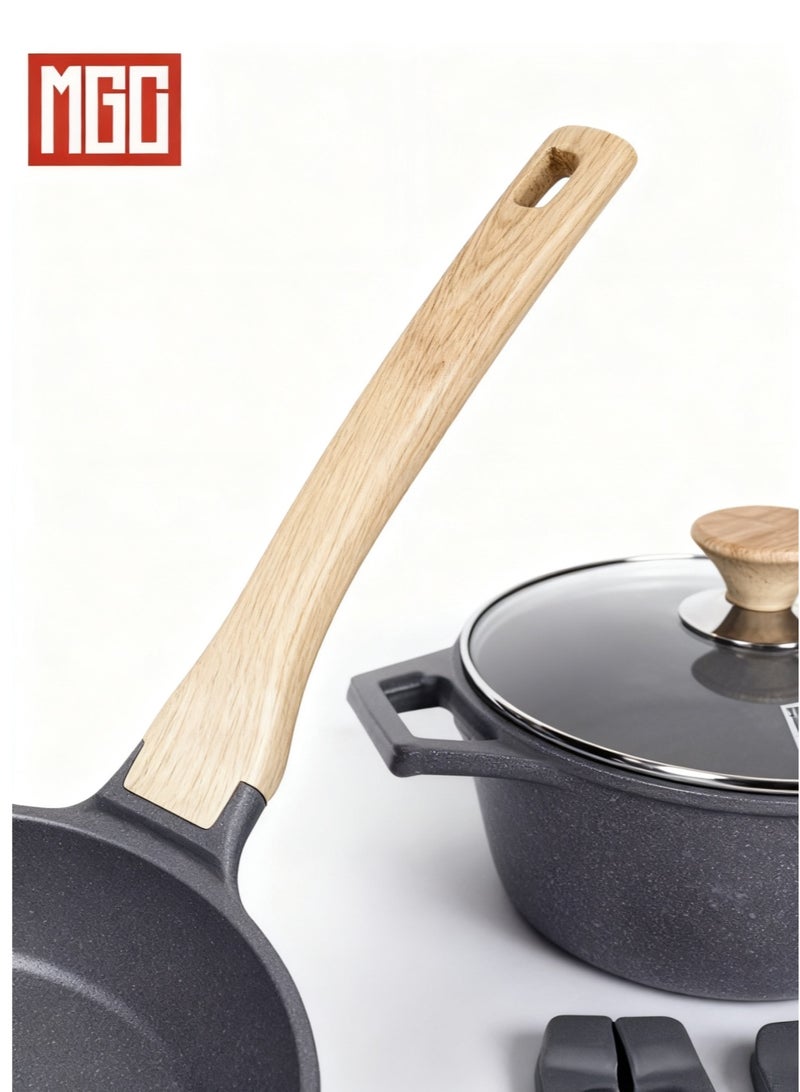 MGC 13-Piece Non-Stick Kitchen Cookware Set - 1 18cm saucepan, 2 24/28cm saucepans, 1 28cm round frying pan, 3 tempered glass lids, 2 P cutlery pieces (silicone spatula + silicone spoon), 4 heat-resistant earplugs - Image 4