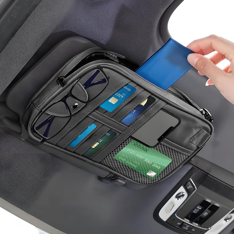 wedfish Upgrade Car Visor Organizer,Multipurpose Car Sun Visor Organizer with Sunglasses Holder for Car Storage Bank Cards,Driver's License,PU Leather Truck Visor Organizer for Most Vehicles (Black) - Image 1