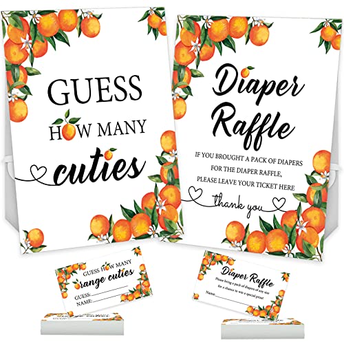 Senfaro 50 Little Cutie Orange Diaper Raffle Tickets and 1 Sign Baby Shower Games Orange Theme Guess How Many Cuties Sign with 50 Cards Baby Shower Candy Guessing Game - Image 1