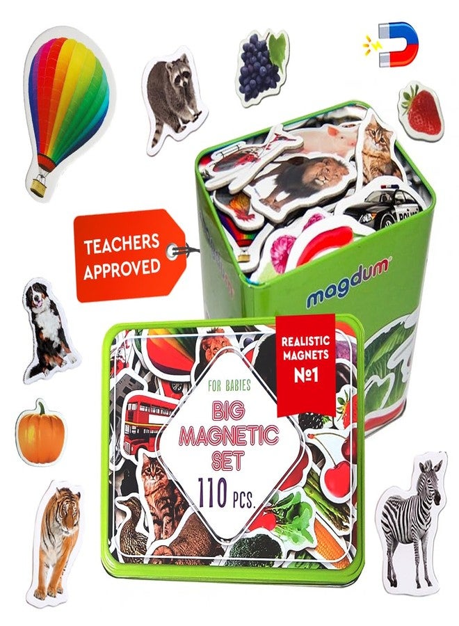 magdum 110 Fridge Magnet for Toddlers in Gift Tin Box Kids Magnets for Fridge - Realistic Magnetic Animals for Refrigerator - Safe Educational Materials for Baby: Zoo, Farm, Fruits, Vegetables, Transport - Image 1