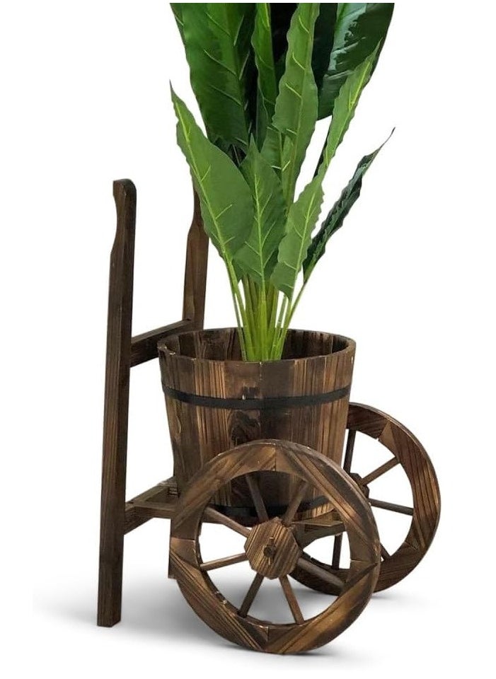 LINGWEI - Rustic Wooden Flower Cart Planter with Cycle Shaped Design Decorative Garden Plant Pot with 3 Wheels Perfect for Outdoor Patio Lawn Backyard Decor - Image 1
