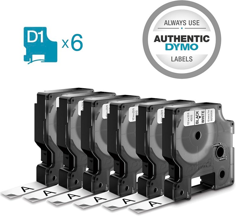 DYMO D1 Label Tapes for LabelManager and LabelWriter Duo, 1/2" (12mm) x 23' (7m), Black on White, Pack of 6 - Image 1