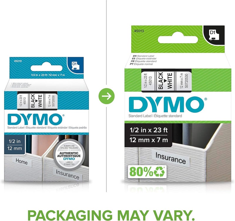 DYMO D1 Label Tapes for LabelManager and LabelWriter Duo, 1/2" (12mm) x 23' (7m), Black on White, Pack of 6 - Image 3
