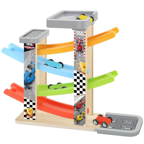 Ranqibo Wooden Car Ramp Toy Set Montessori Ramp Set Includes 4 Mini Cars and Track Educational Gift for Boys and Girls 3 Years Old - Image 1