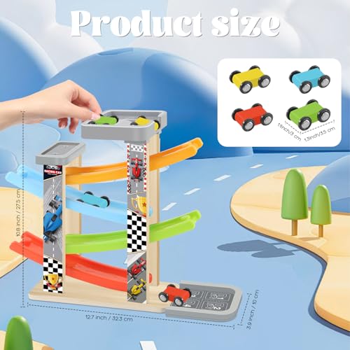 Ranqibo Wooden Car Ramp Toy Set Montessori Ramp Set Includes 4 Mini Cars and Track Educational Gift for Boys and Girls 3 Years Old - Image 5