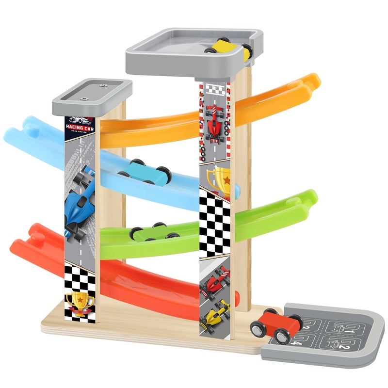 Ranqibo Wooden Car Ramp Toy Set Montessori Ramp Set Includes 4 Mini Cars and Track Educational Gift for Boys and Girls 3 Years Old - Image 3