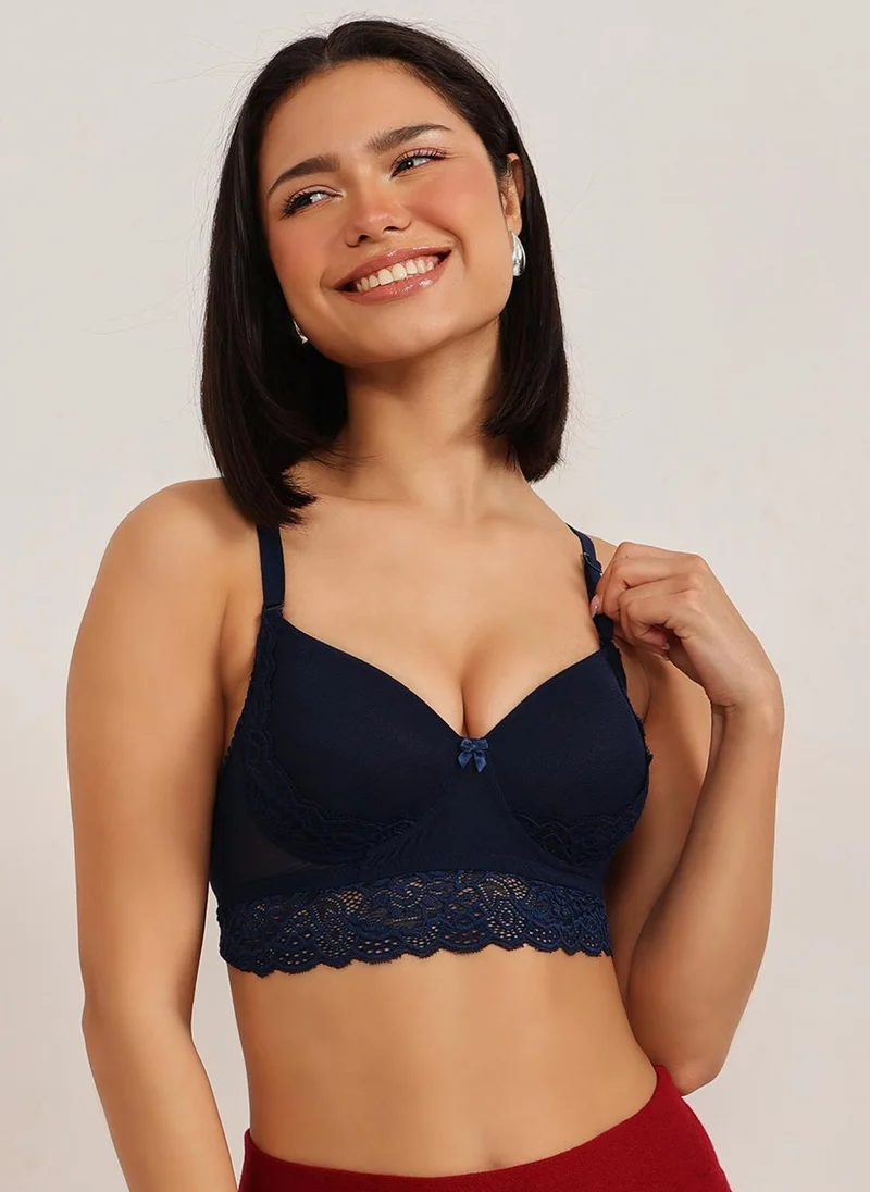 Clovia Clovia Padded Non-Wired Full Cup Bralette in Dark Blue - Lace