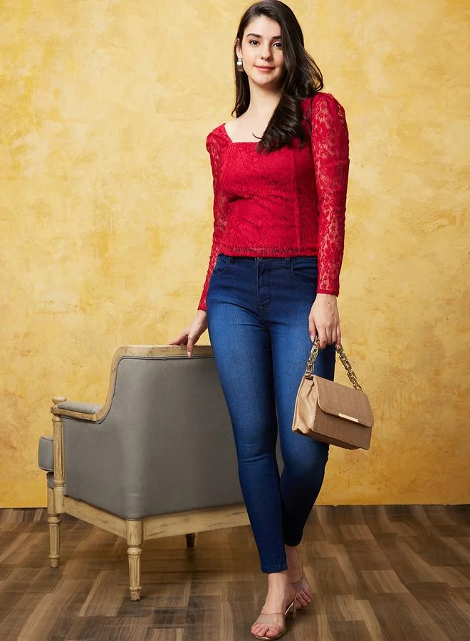 globus Sweetheart Neck Puff Sleeves Lace Top