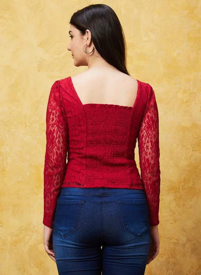 globus Sweetheart Neck Puff Sleeves Lace Top