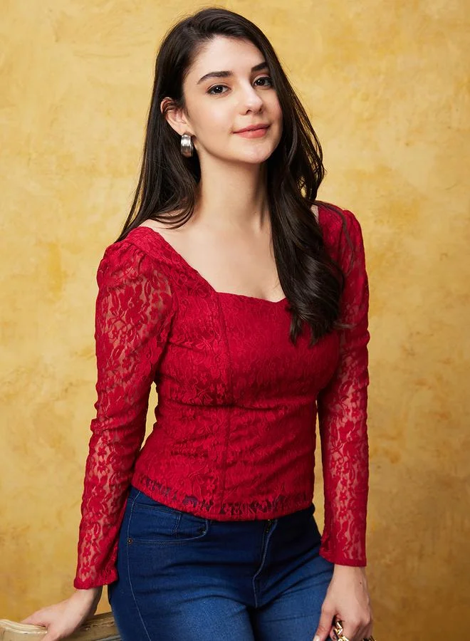 globus Globus Sweetheart Neck Puff Sleeves Lace Top