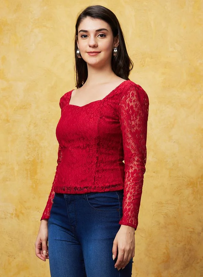 globus Globus Sweetheart Neck Puff Sleeves Lace Top