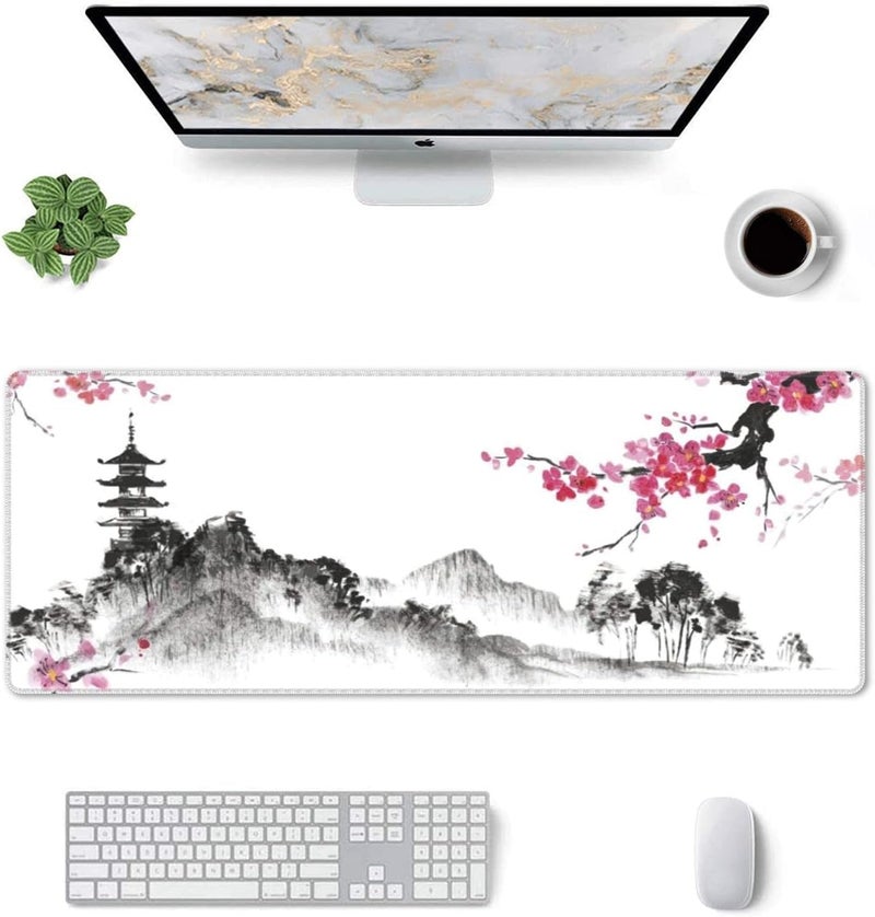 Excefore Gaming Mouse Pad Black And White Plum Bossom Cherry Blossom, Extended Large Mouse Mat Desk Pad, Stitched Edges Mousepad, Long Non-Slip Rubber Base Mice Pad (31.5X11.8X0.12 Inch, A1) - Image 2