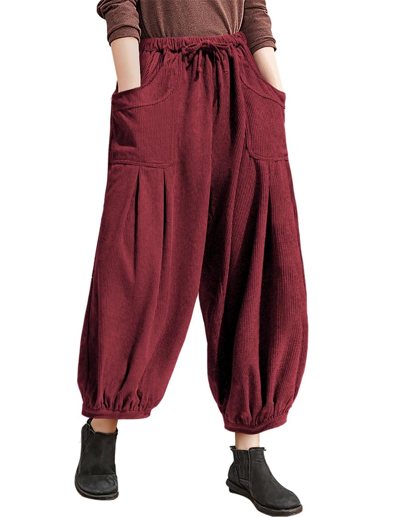 TARSE Womens Corduroy Pants Harem Casual Loose Fit Baggy Elastic Waist Lantern Fall Pants with Pockets(Wine, L) - Image 1