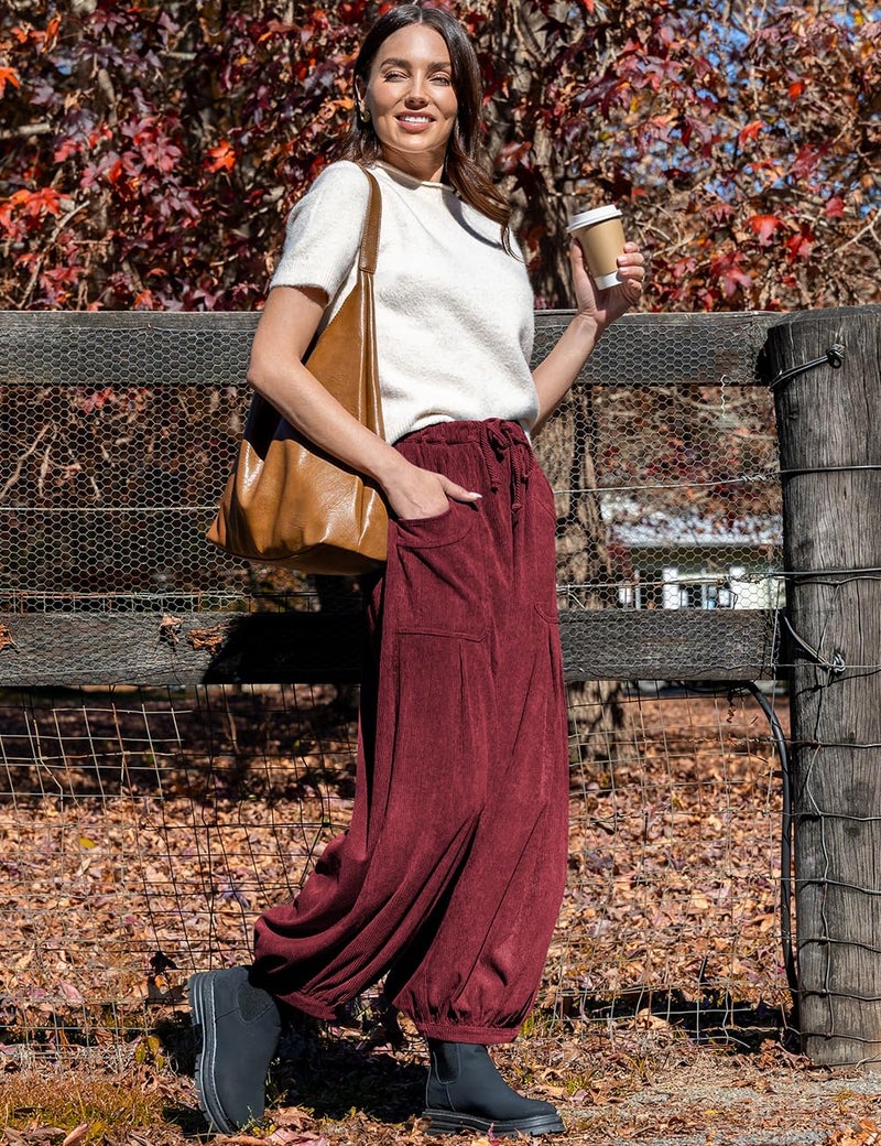 TARSE Womens Corduroy Pants Harem Casual Loose Fit Baggy Elastic Waist Lantern Fall Pants with Pockets(Wine, L) - Image 3