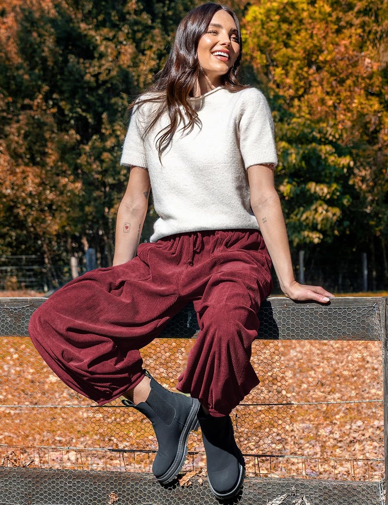 TARSE Womens Corduroy Pants Harem Casual Loose Fit Baggy Elastic Waist Lantern Fall Pants with Pockets(Wine, L) - Image 4