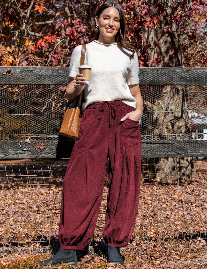 TARSE Womens Corduroy Pants Harem Casual Loose Fit Baggy Elastic Waist Lantern Fall Pants with Pockets(Wine, L) - Image 2