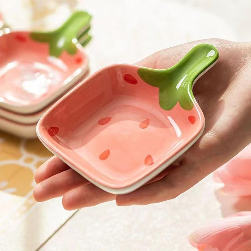 esowemsn 4PCS Pink Fruit Pattern Sauce Dish Ceramic Strawberry Pattern Appetizer Serving Plate with Handle Cute Sushi Dipping Bowl for Home Kitchen Restaurant OilVinegarKetchupSaltSushi Appetizer - Image 2
