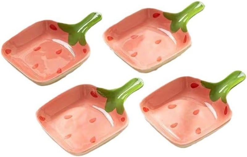 esowemsn 4PCS Pink Fruit Pattern Sauce Dish Ceramic Strawberry Pattern Appetizer Serving Plate with Handle Cute Sushi Dipping Bowl for Home Kitchen Restaurant OilVinegarKetchupSaltSushi Appetizer - Image 1