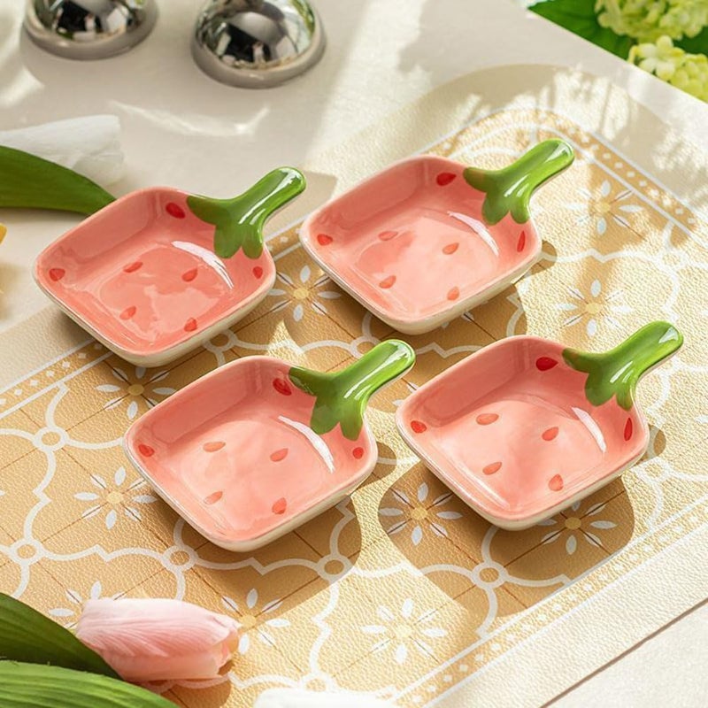 esowemsn 4PCS Pink Fruit Pattern Sauce Dish Ceramic Strawberry Pattern Appetizer Serving Plate with Handle Cute Sushi Dipping Bowl for Home Kitchen Restaurant OilVinegarKetchupSaltSushi Appetizer - Image 4
