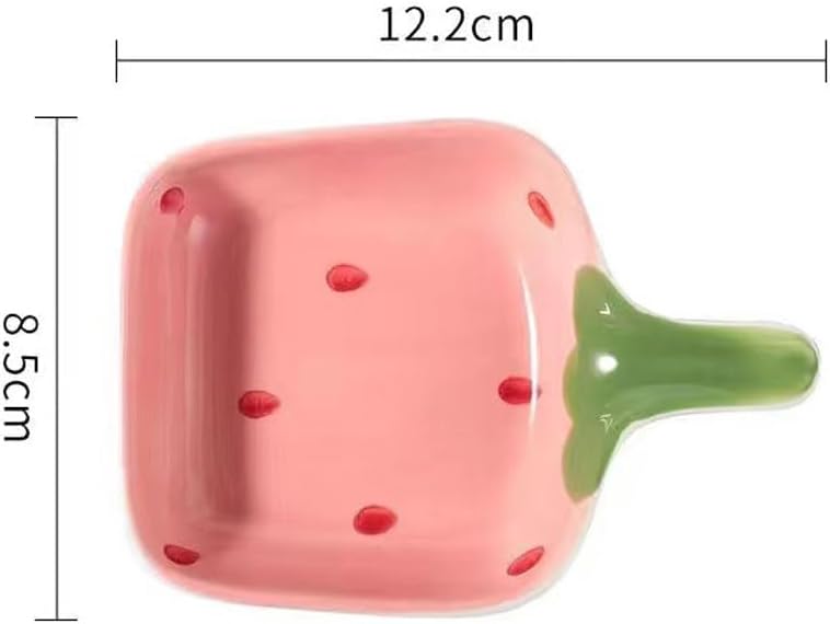 esowemsn 4PCS Pink Fruit Pattern Sauce Dish Ceramic Strawberry Pattern Appetizer Serving Plate with Handle Cute Sushi Dipping Bowl for Home Kitchen Restaurant OilVinegarKetchupSaltSushi Appetizer - Image 3