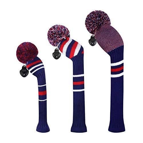 Scott Edward Mix and Match Knit Golf Club Covers with a Cute Pom Pom Set of 3 Driver Head Cover 1 Fairway Headcover 1 and Hybrid/UT Cover 1 The Best Color Combinations (Red Blue White) - Image 1