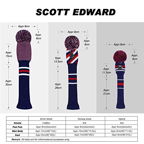 Scott Edward Mix and Match Knit Golf Club Covers with a Cute Pom Pom Set of 3 Driver Head Cover 1 Fairway Headcover 1 and Hybrid/UT Cover 1 The Best Color Combinations (Red Blue White) - Image 3