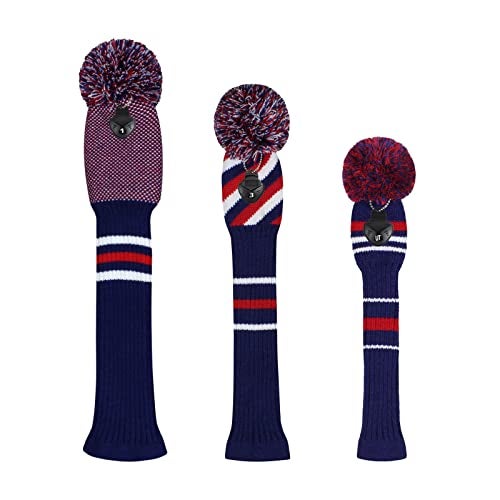 Scott Edward Mix and Match Knit Golf Club Covers with a Cute Pom Pom Set of 3 Driver Head Cover 1 Fairway Headcover 1 and Hybrid/UT Cover 1 The Best Color Combinations (Red Blue White) - Image 2