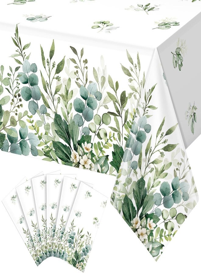 FunnyPars 6 Pack Spring Sage Green Baby Shower Plastic Tablecloth, Eucalyptus Leaf Disposable Table Cover, Summer Rectangle Table Cloth for Bridal Baby Shower Birthday Wedding Party Decorations, 54x108 Inch - Image 1