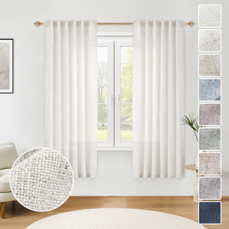 MEETBILY Ivory Linen Sheer Curtains 63 Inch Length for Living Room 2 Panel Set Farmhouse Rod Pocket Window Drapes Light Filtering Privacy Added Neutral Curtains for Patio Parlor Dining Room Off White - Image 1