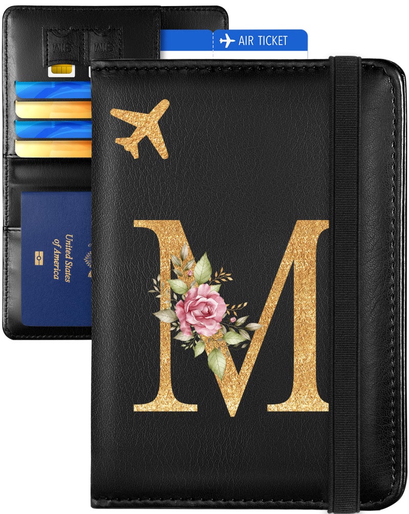 Slohif Initial Passport Holder Cover Wallet Case for Travel Women - Leather Letter Passport Book Family Multiple Personalized Organizer Card Slots Protector Sleeve Essentials Slim Carrier Black M - Image 1
