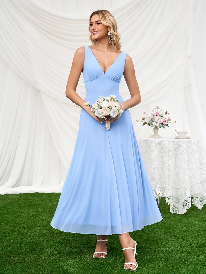 EYNMIN Summer Wedding Guest Dress V Neck Flowy A Line Mesh Elegant Maxi Long Formal Cocktail Dresses for Women 2026 Spring Blue - Image 2