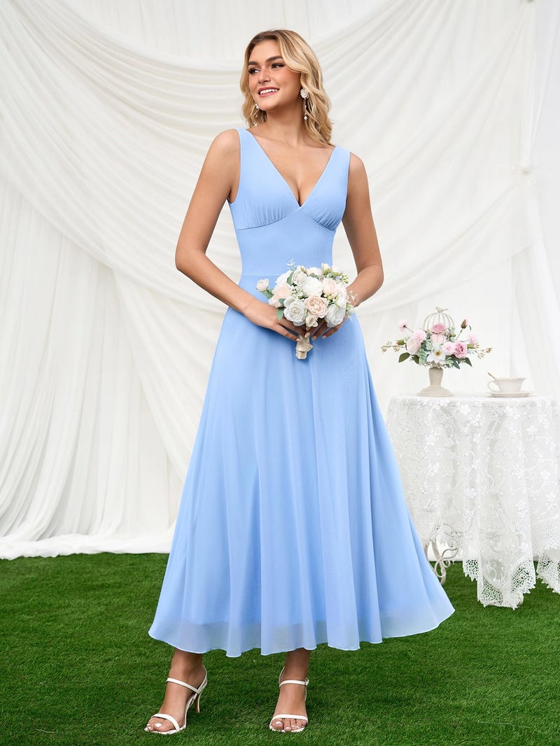EYNMIN Summer Wedding Guest Dress V Neck Flowy A Line Mesh Elegant Maxi Long Formal Cocktail Dresses for Women 2026 Spring Blue - Image 3