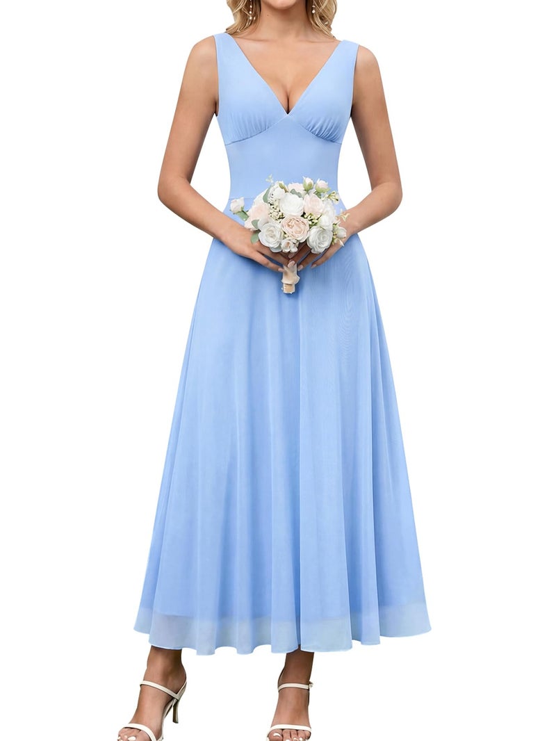 EYNMIN Summer Wedding Guest Dress V Neck Flowy A Line Mesh Elegant Maxi Long Formal Cocktail Dresses for Women 2026 Spring Blue - Image 1