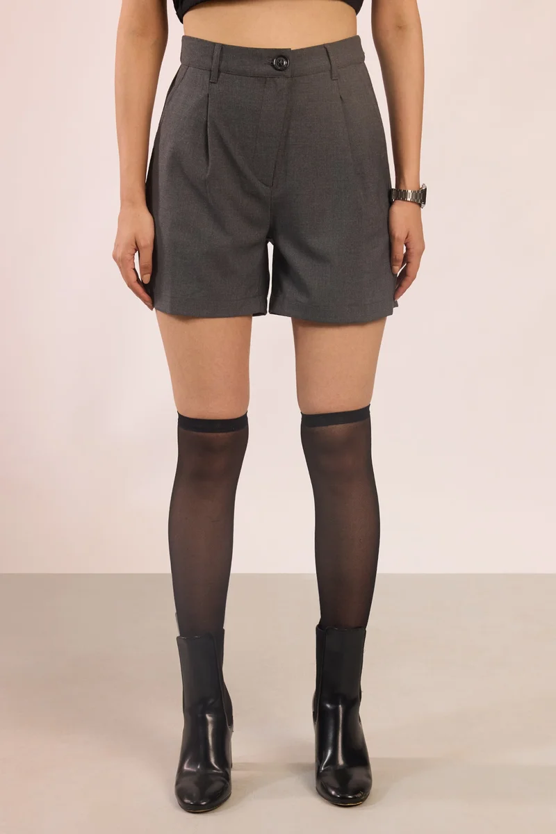 Virgio Solid Viscose Stretch Grey Waist Shorts for Women