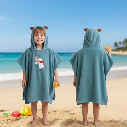 BLiSS HUES Reindeer Ears Hooded Poncho | Soft, Skin-Friendly, Breathable Coral Fleece Fabric with Snap Closure | 2–7 Years Kids Cartoon Bath Towel with Hood – Green - Image 2