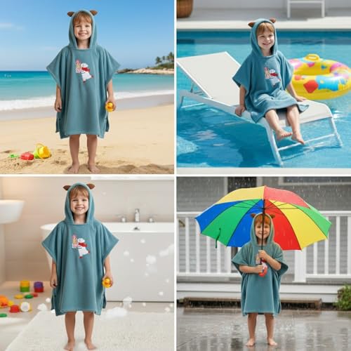 BLiSS HUES Reindeer Ears Hooded Poncho | Soft, Skin-Friendly, Breathable Coral Fleece Fabric with Snap Closure | 2–7 Years Kids Cartoon Bath Towel with Hood – Green - Image 5