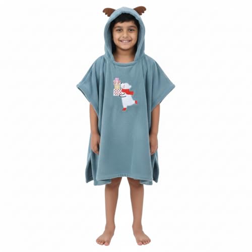 BLiSS HUES Reindeer Ears Hooded Poncho | Soft, Skin-Friendly, Breathable Coral Fleece Fabric with Snap Closure | 2–7 Years Kids Cartoon Bath Towel with Hood – Green - Image 1