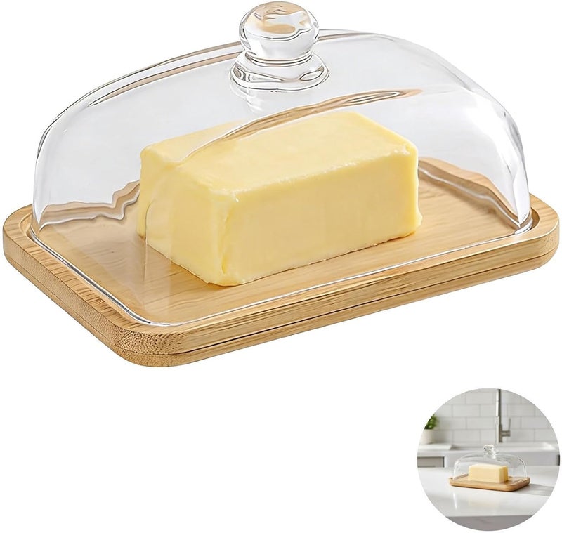 7.1X4.7X3.7 In Butter Dish With Lid, Glass Butter Keeper Container With Wood Base, Butter Holder With Transparent Cover, Serving Plate For Cheese Dessert - Image 3