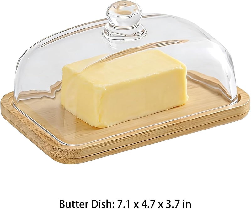 7.1X4.7X3.7 In Butter Dish With Lid, Glass Butter Keeper Container With Wood Base, Butter Holder With Transparent Cover, Serving Plate For Cheese Dessert - Image 5