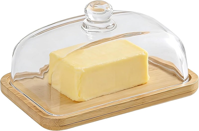 7.1X4.7X3.7 In Butter Dish With Lid, Glass Butter Keeper Container With Wood Base, Butter Holder With Transparent Cover, Serving Plate For Cheese Dessert - Image 1