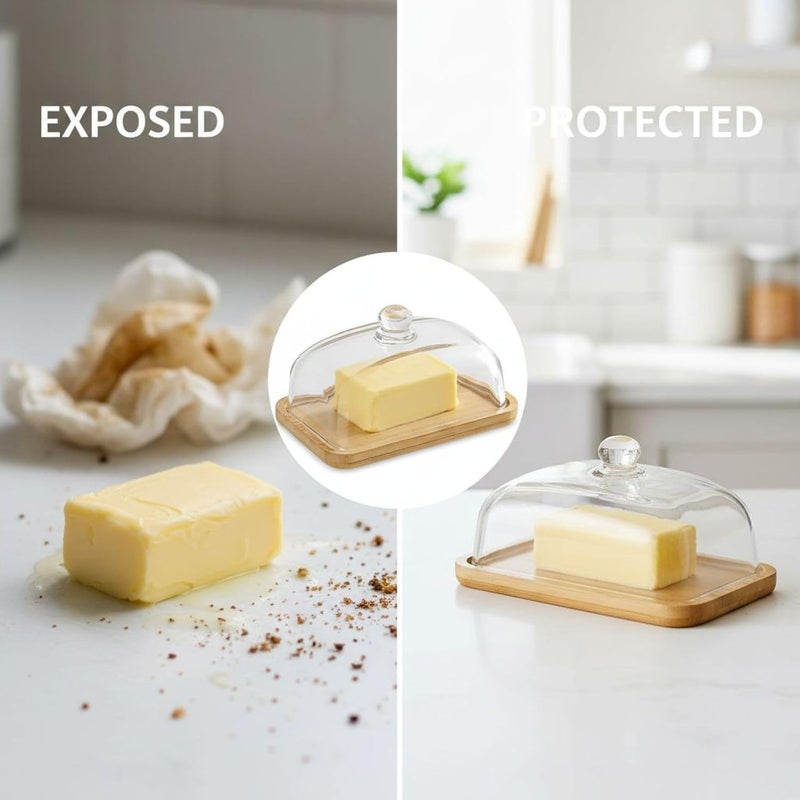 7.1X4.7X3.7 In Butter Dish With Lid, Glass Butter Keeper Container With Wood Base, Butter Holder With Transparent Cover, Serving Plate For Cheese Dessert - Image 4